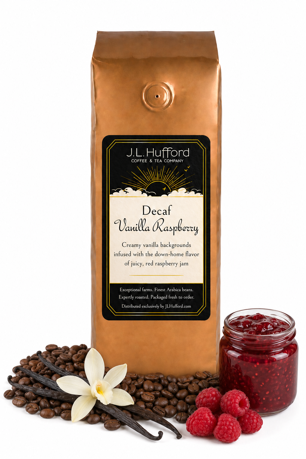 1 lb J.L. Hufford Decaf Vanilla Raspberry coffee bag with coffee beans, vanilla sticks, raspberries, and raspberry jam on a white background