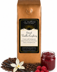 1 lb J.L. Hufford Decaf Vanilla Raspberry coffee bag with coffee beans, vanilla sticks, raspberries, and raspberry jam on a white background