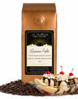 1 lb Coffee bag labeled 'Banana Split' by J.L. Hufford next to a banana split dessert and coffee beans displayed on a white background