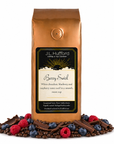 1 lb Berry Swirl coffee beans bag with coffee beans, blueberries, raspberries, and chocolate in front displayed on a white background
