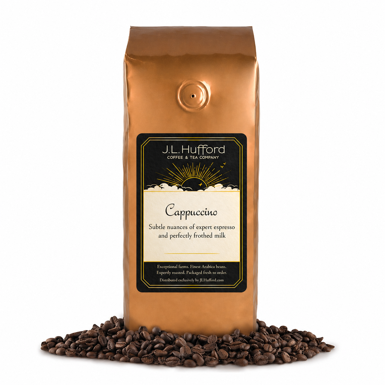 1 lb J.L. Hufford Cappuccino Coffee with coffee beans in front displayed on a white background
