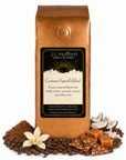 1 lb J.L. Hufford Castanza Special Blend coffee bag with coffee beans, powder mocha, vanilla sticks, shaved coconut, toffee bark, and blocks of caramel on a white background