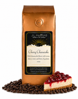 1 lb Cherry Cheesecake coffee beans bag with coffee beans and a slice of cherry cheesecake in front displayed on a white background