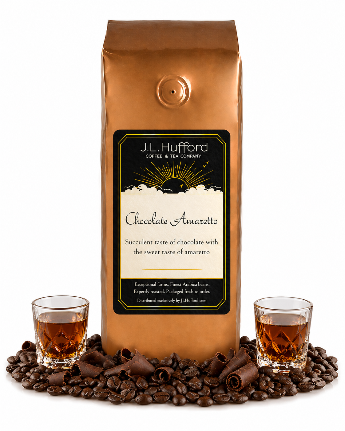 1 lb Coffee bag labeled 'Chocolate Amaretto' by J.L. Hufford with two shot glasses of amaretto, chocolate shavings, and coffee beans.