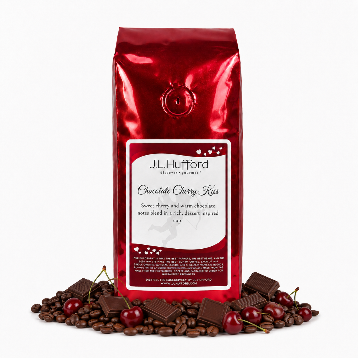 1 lb J.L. Hufford Chocolate Cherry Kiss coffee bag with coffee beans, chocolate bars, and cherries on a white background