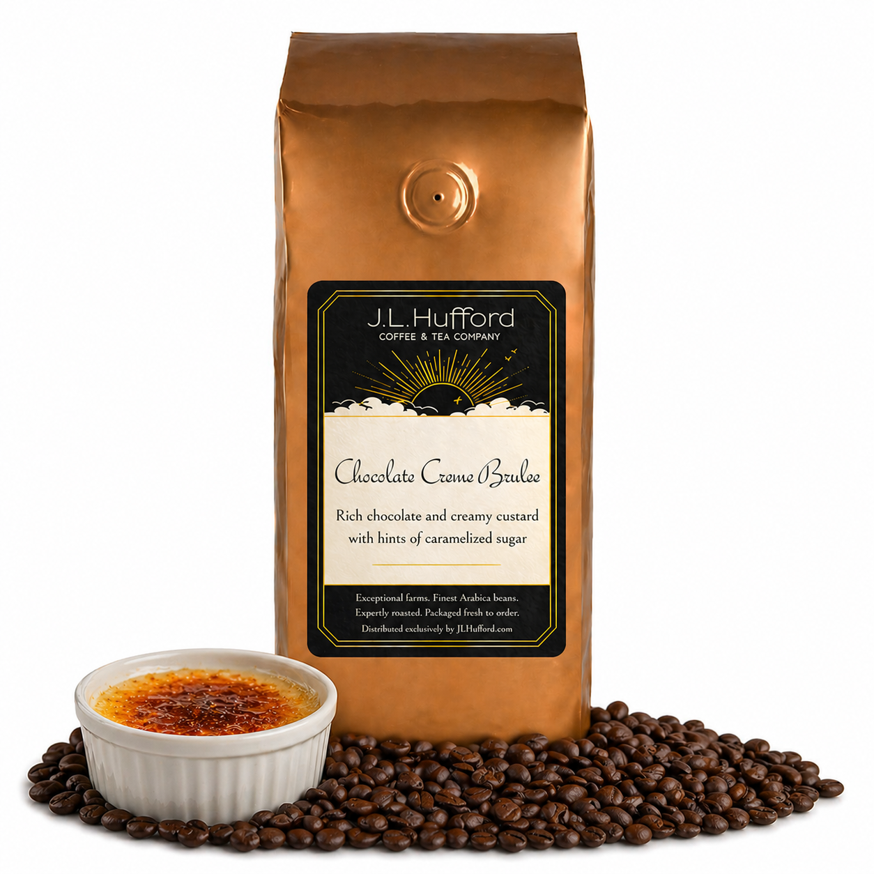 1 lb J.L. Hufford Chocolate Creme Brulee Coffee with coffee beans and creme brulee in front displayed on a white background