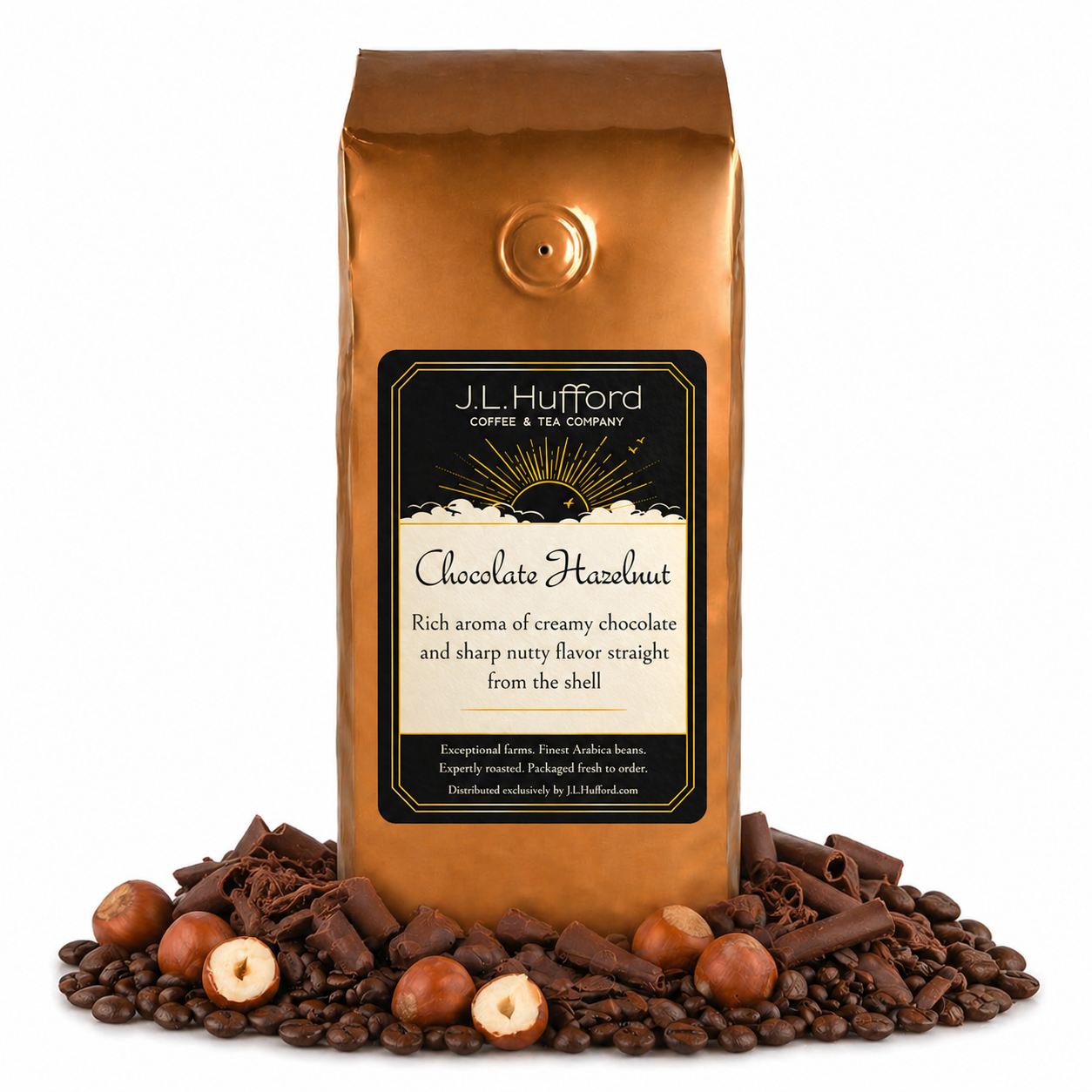 1 lb Chocolate Hazelnut coffee beans bag with chocolate, coffee beans, and hazelnuts on a white background