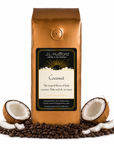 1 lb Coconut coffee beans bag with coffee beans and split coconut in front displayed on a white background