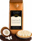 1 lb Coconut Creme Pie coffee beans bag with coffee beans, split coconut, and vanilla cream pie in front displayed on a white background