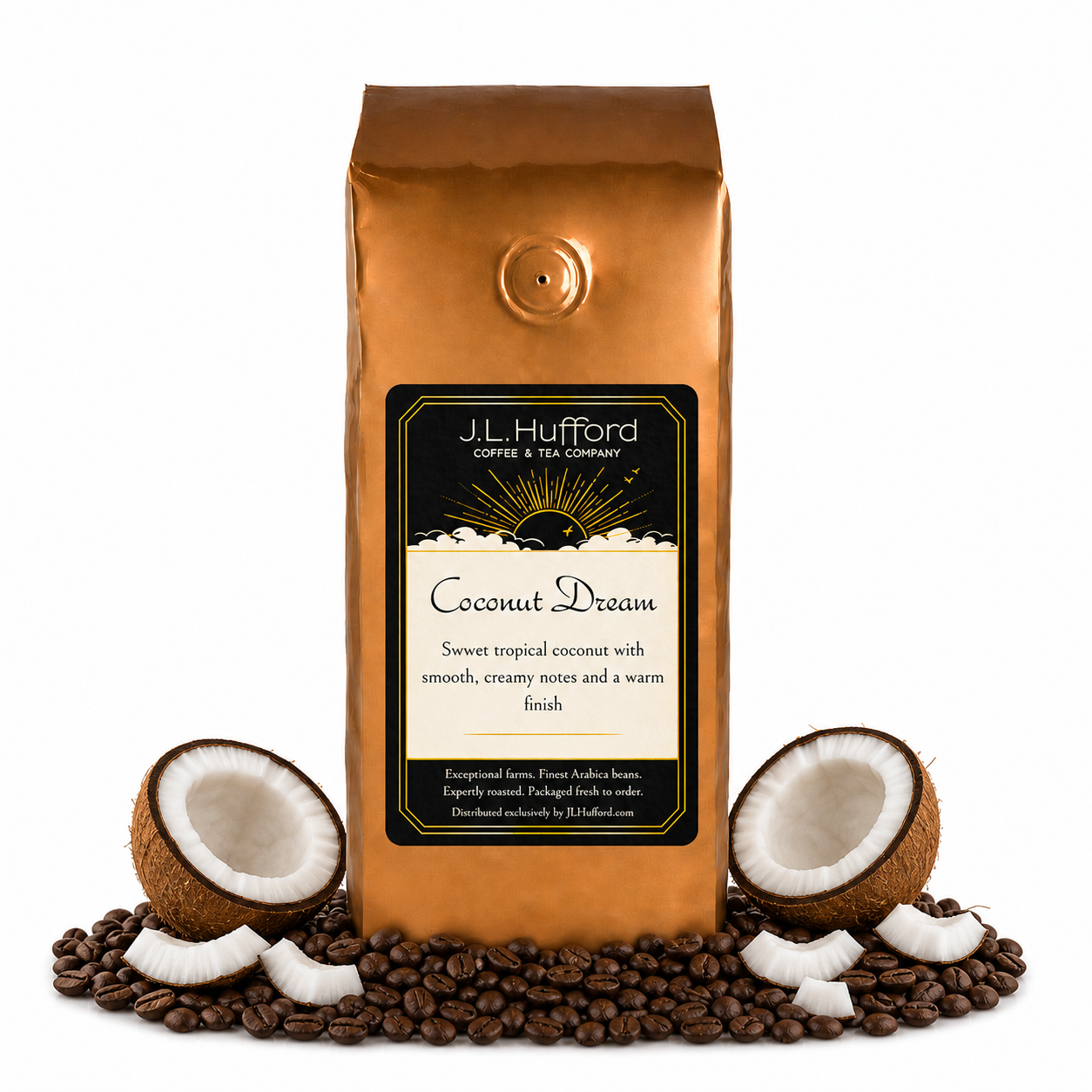 1 lb Coconut Dream coffee beans bag with coffee beans and split coconut in front displayed on a white background