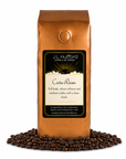 1 lb Costa Rican coffee beans bag with coffee beans in front displayed on a white background