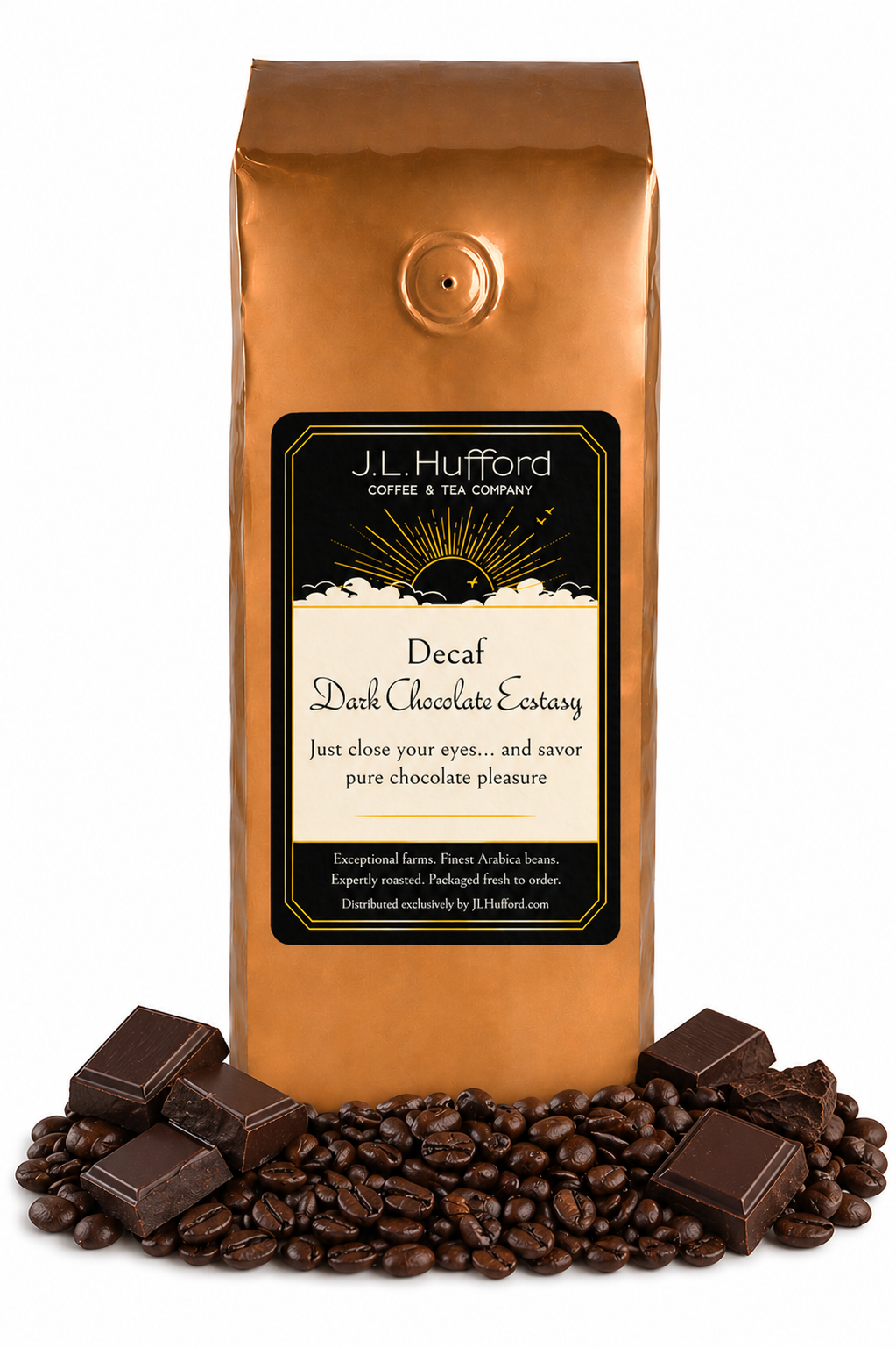 1 lb Decaf Dark Chocolate Ecstasy coffee beans bag with coffee beans and blocks of dark chocolate in front displayed on a white background