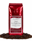 1 lb Decaf Dark Chocolate Ecstasy coffee beans bag with coffee beans and dark chocolate bars in front displayed on a white background