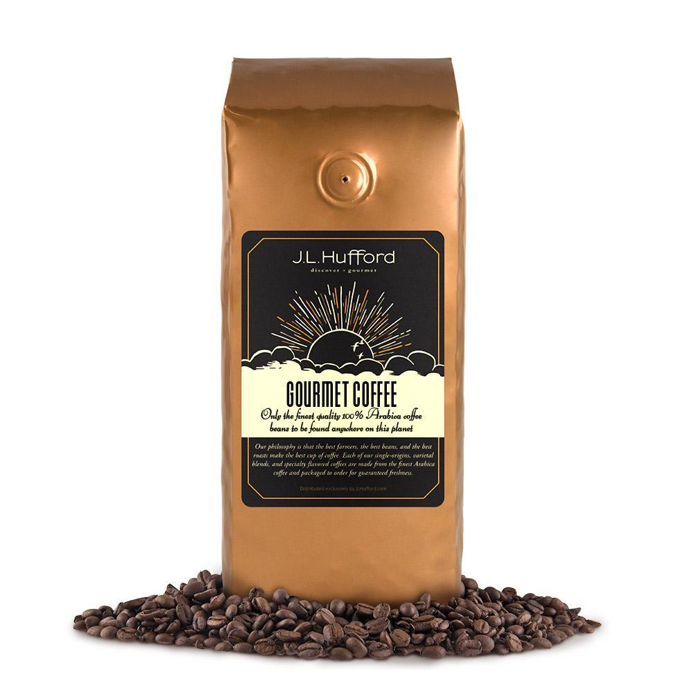 1 lb coffee bag with coffee beans in front displayed on a white background
