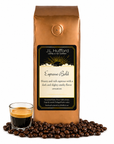 1 lb Espresso Bold coffee beans bag with coffee beans and a shot of espresso in front displayed on a white background