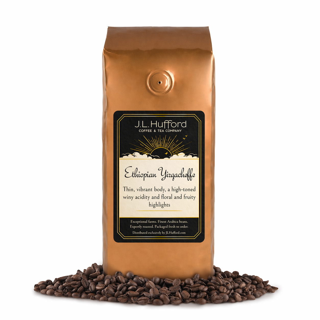 1 lb J.L. Hufford decaf Ethiopian Yirgacheffe coffee bag with coffee beans on a white background