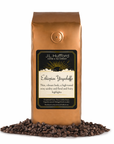1 lb J.L. Hufford decaf Ethiopian Yirgacheffe coffee bag with coffee beans on a white background