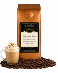 1 lb J.L. Hufford Irish Cream Latte Coffee with coffee beans and glass mug with Irish cream latte in front displayed on a white background