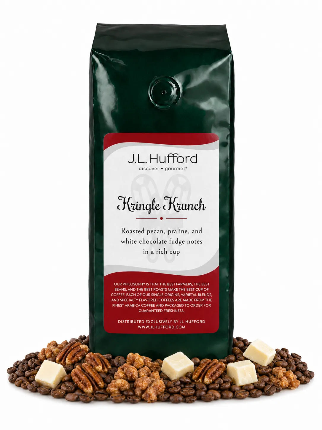 1 lb Kringle Krunch coffee beans bag with coffee beans, pecan, praline, and white chocolate fudge in front displayed on a white background