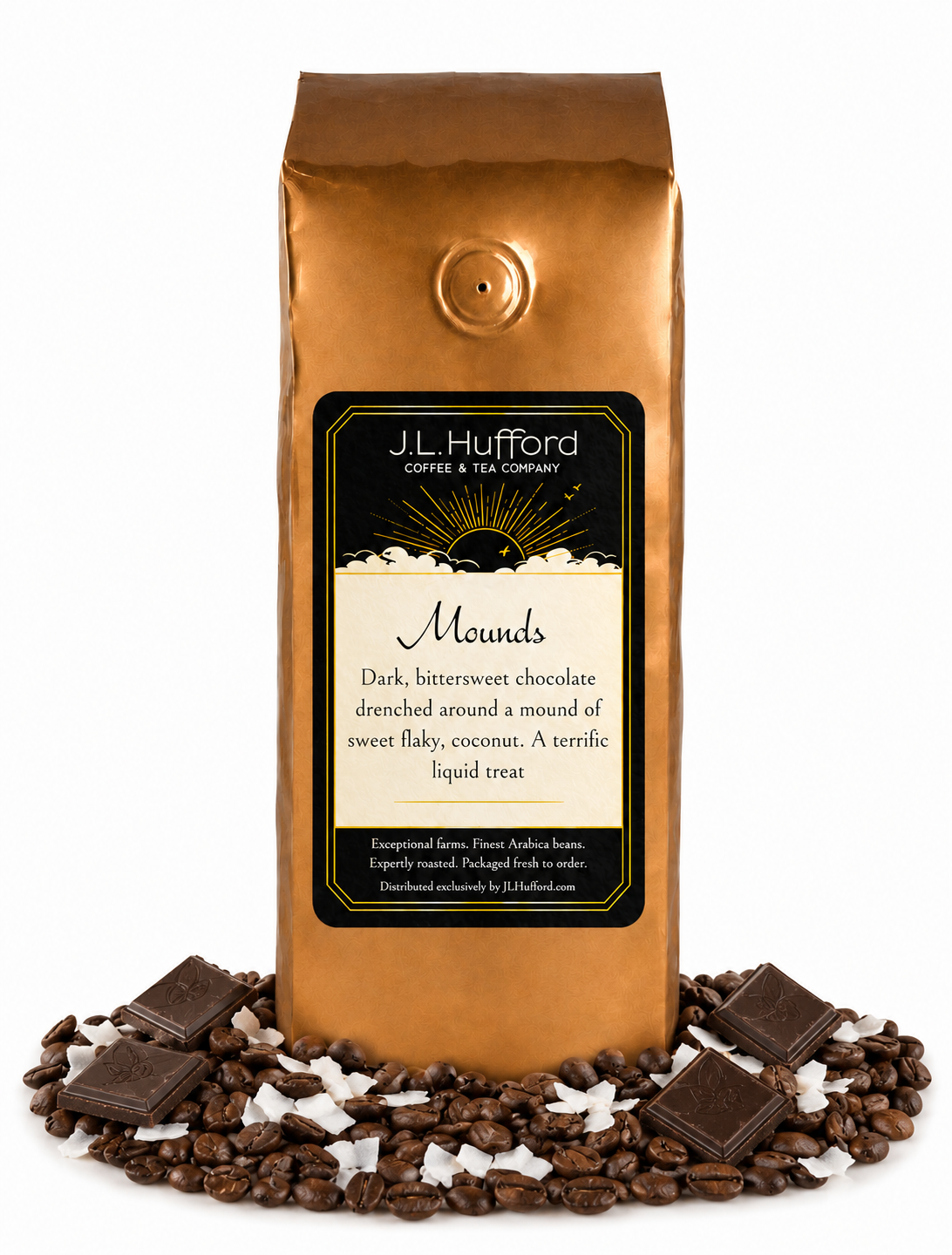 1 lb J.L. Hufford Mounds coffee bag with coffee beans, blocks of chocolate, and flakes of coconut on a white background