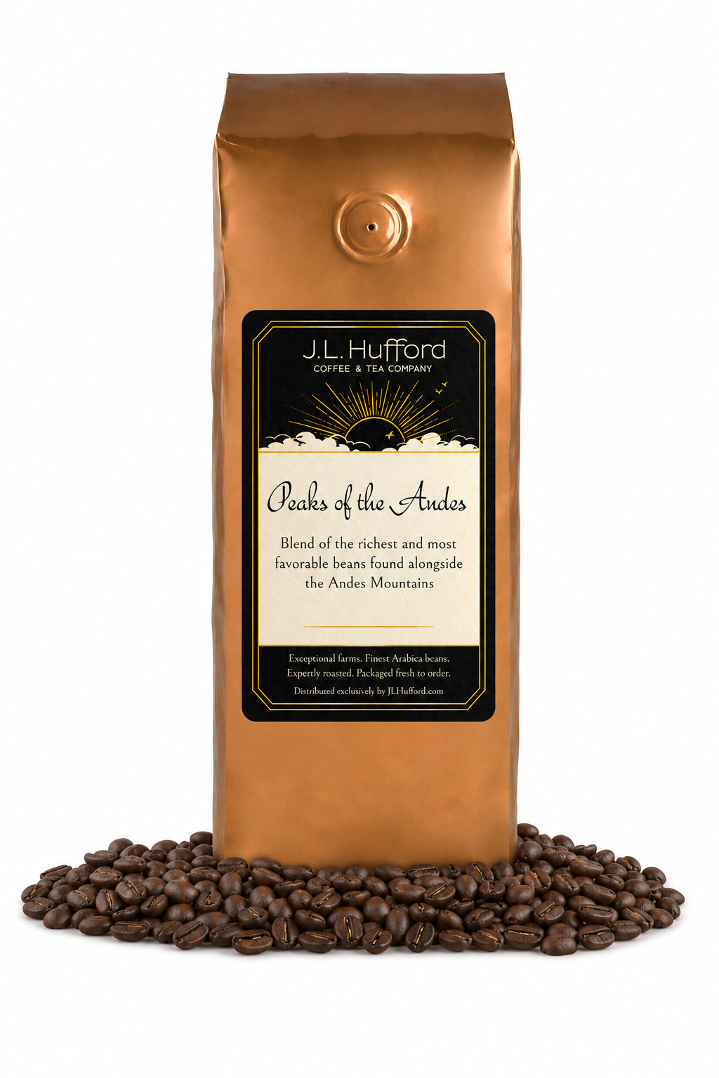 1 lb J.L. Hufford Peaks of the Andes coffee bag with coffee beans on a white background