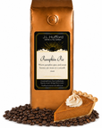 1 lb J.L. Hufford Pumpkin Pie coffee bag with coffee beans and a slice of pumpkin pie on a white background
