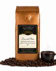 1 lb J.L. Hufford Rise and Shine coffee bag with coffee beans and mug of coffee on a white background