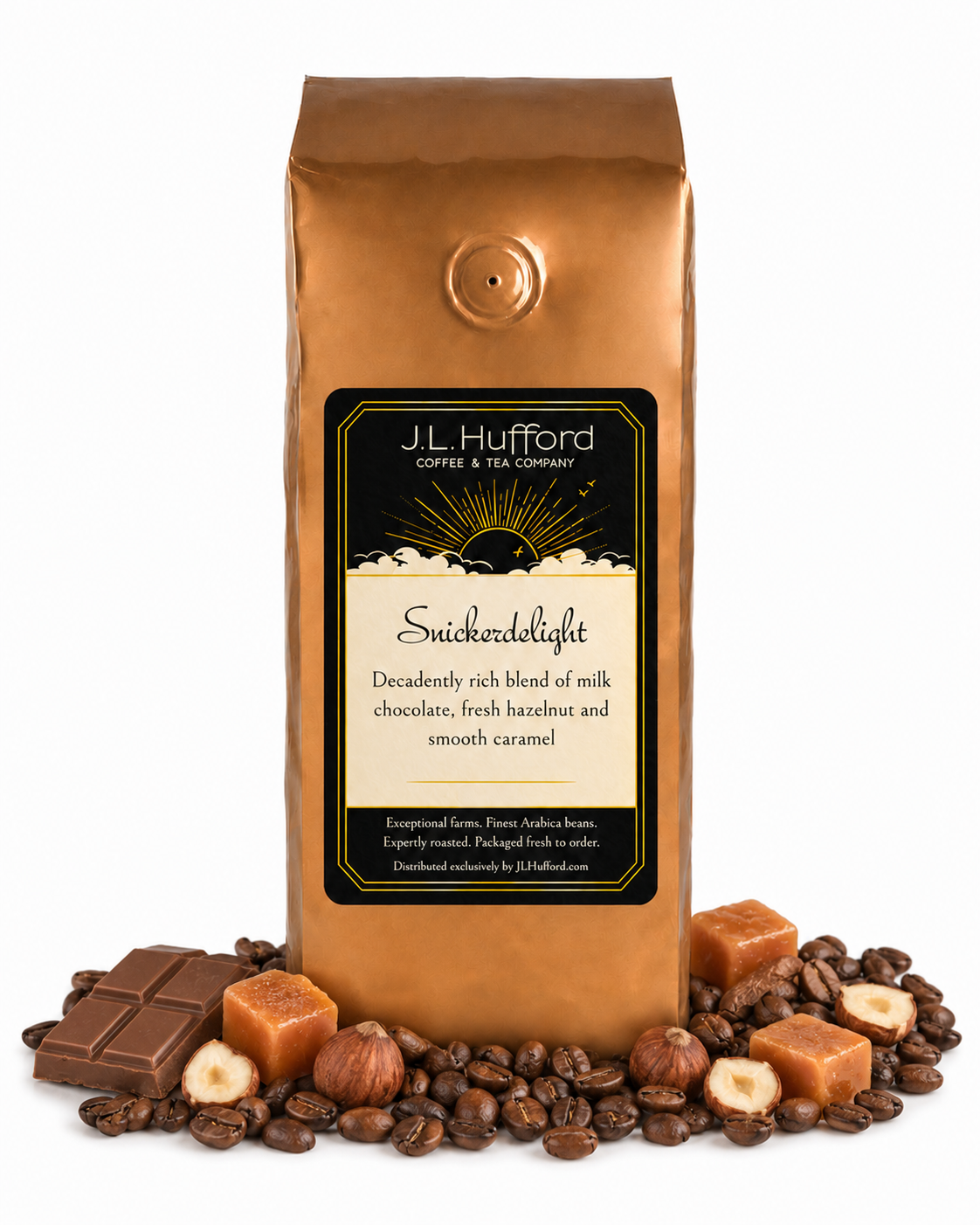 1 lb J.L. Hufford Snickerdelight coffee bag with coffee beans, milk chocolate bar, hazelnuts, and blocks of caramel on a white background
