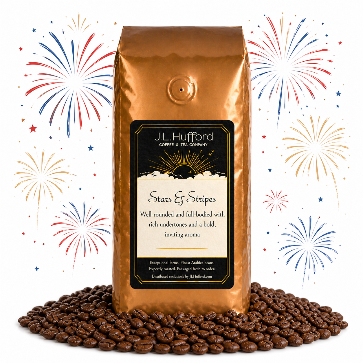 1 lb Stars & Stripes coffee beans bag with coffee beans in front displayed on a white background with fireworks