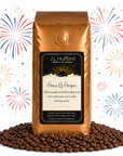 1 lb Stars & Stripes coffee beans bag with coffee beans in front displayed on a white background with fireworks