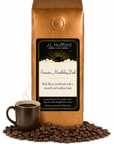 1 lb J.L. Hufford Sumatra Mandheling Dark coffee bag with coffee beans and a mug of coffee on a white background