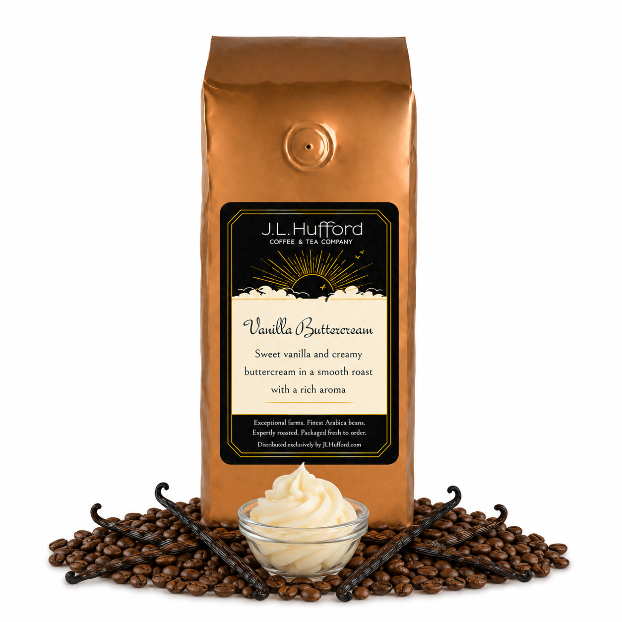 1 lb J.L. Hufford Vanilla Buttercream coffee bag with coffee beans, vanilla sticks, and bowl of buttercream on a white background