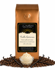 1 lb J.L. Hufford Vanilla Buttercream coffee bag with coffee beans, vanilla sticks, and bowl of buttercream on a white background