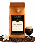 1 lb J.L. Hufford Vanilla Irish Stout coffee bag with coffee beans, vanilla sticks, and a glass of Irish Stout on a white background