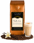 1 lb J.L. Hufford Vanilla Latte coffee bag with coffee beans, vanilla sticks, and a glass of vanilla latte on a white background