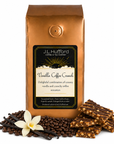1 lb J.L. Hufford Vanilla Coffee Crunch coffee bag with coffee beans, vanilla sticks, and toffee bark on a white background