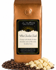 1 lb J.L. Hufford White Chocolate Chunk coffee bag with coffee beans and white chocolate chunks on a white background