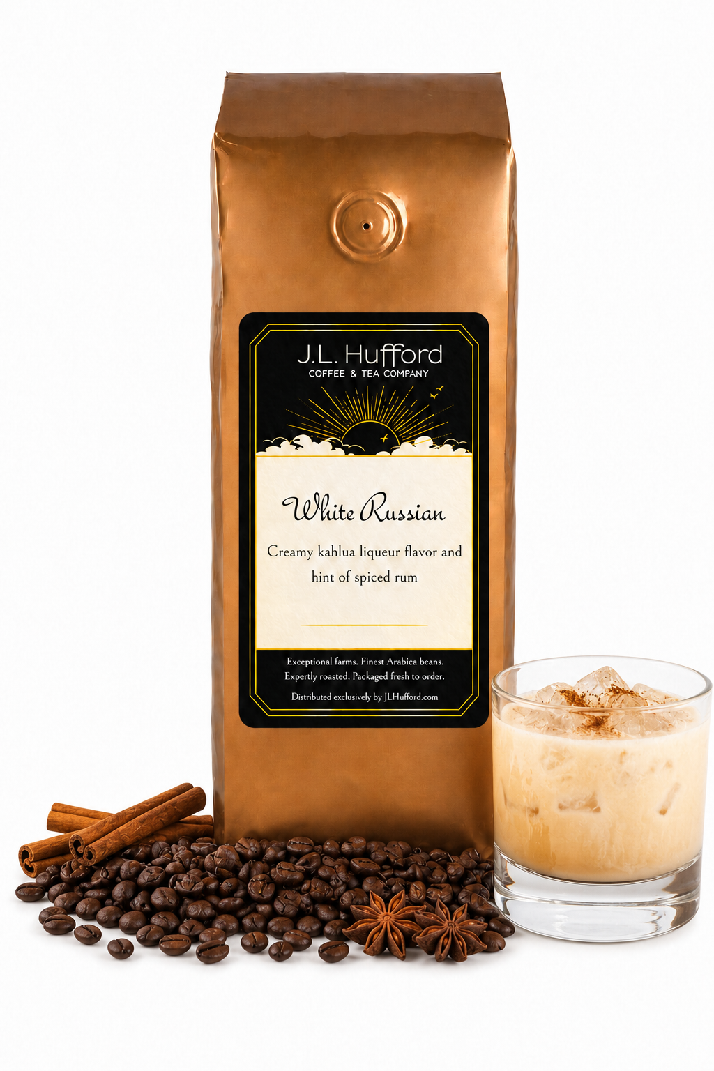 1 lb J.L. Hufford White Russian coffee bag with coffee beans, spices, and white Russian in a glass on a white background