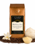1 lb J.L. Hufford White Russian Mousse coffee bag with coffee beans, vanilla, custard, and white Russian mousse on a white background