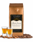 1 lb J.L. Hufford almond amaretto coffee package with two shot glasses, coffee beans, and almonds on a white background
