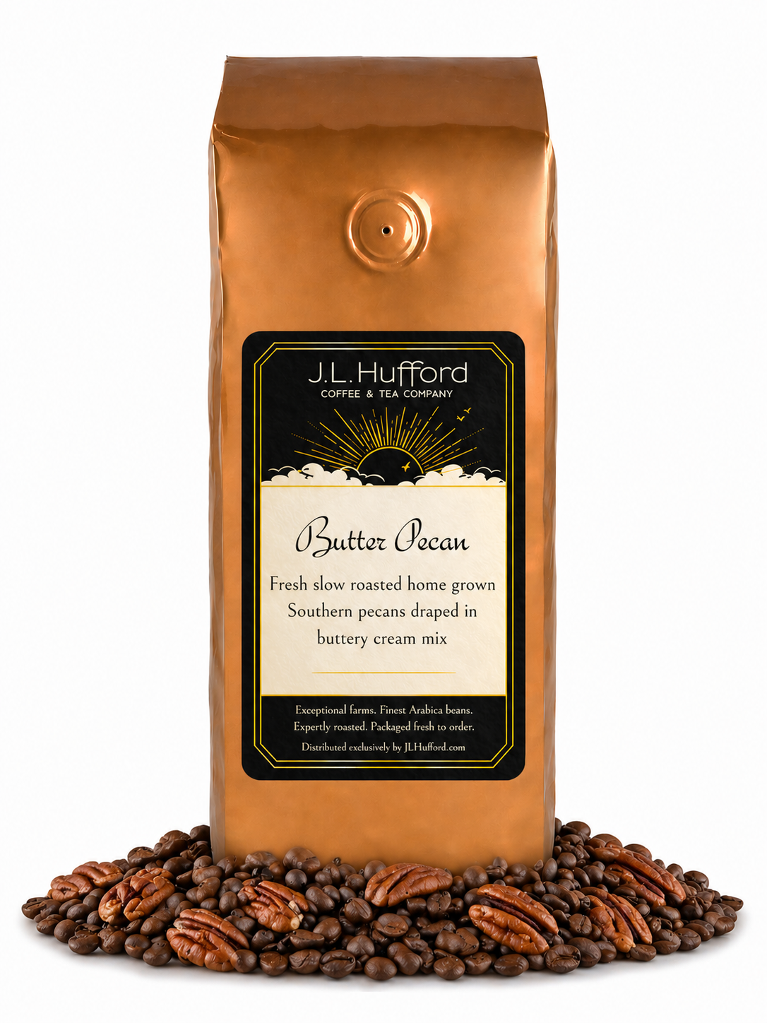 1 lb Coffee bag labeled 'Butter Pecan' by J.L. Hufford with coffee beans and pecans on a white background
