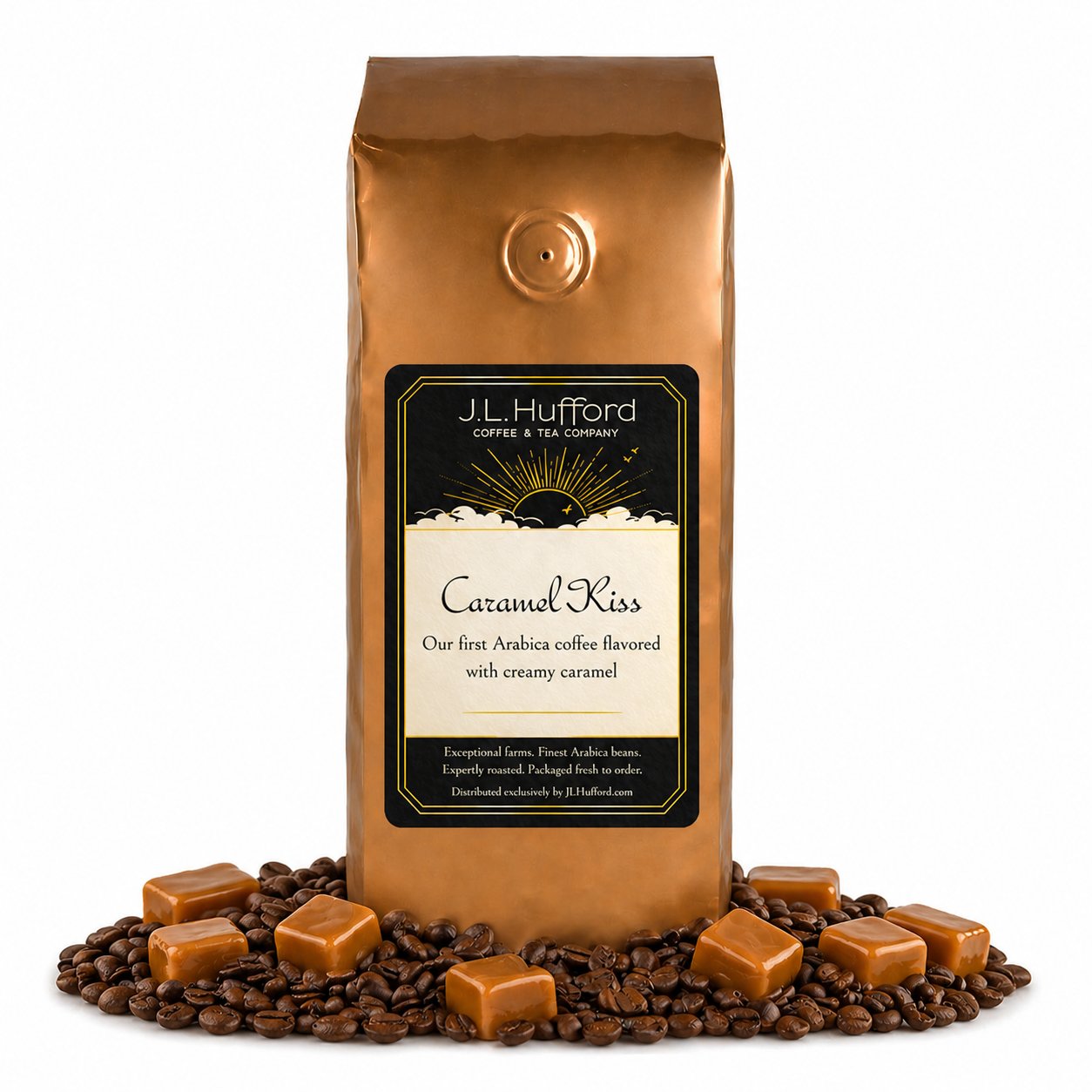 1 lb Coffee bag labeled 'Caramel Kiss' by J.L. Hufford with caramel candies and coffee beans on a white background