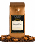 1 lb Coffee bag labeled 'Caramel Kiss' by J.L. Hufford with caramel candies and coffee beans on a white background
