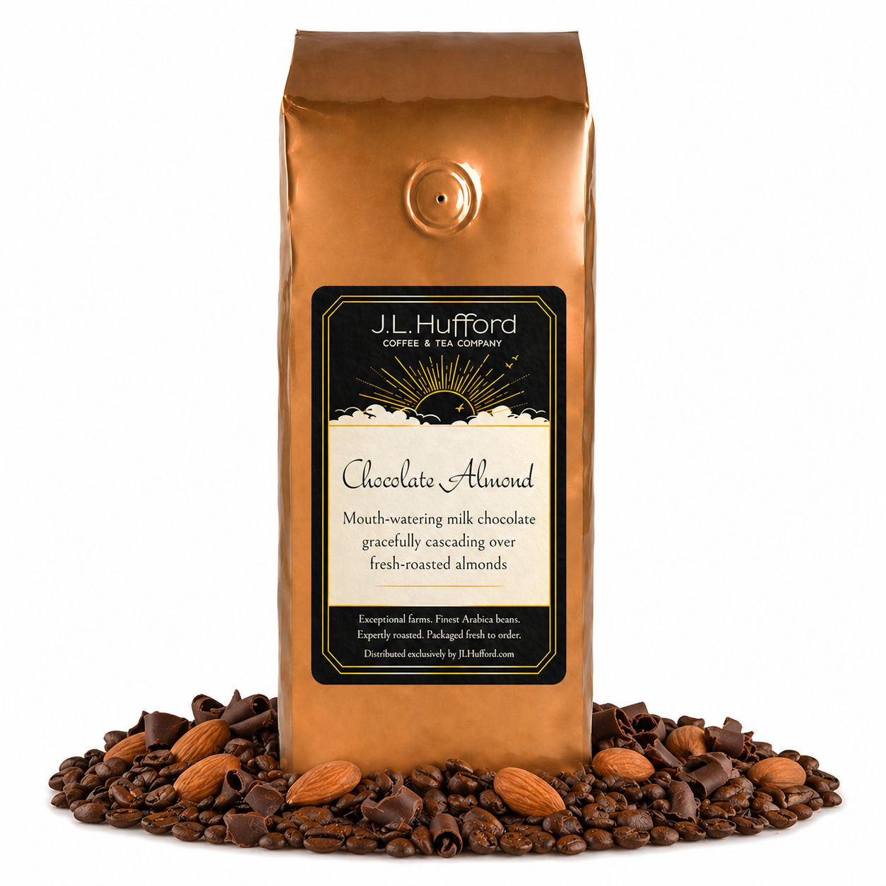 1 lb Coffee bag labeled 'Chocolate Almond' by J.L. Hufford with coffee beans, chocolate shavings, and almonds on a white background