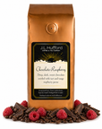 1 lb Chocolate Raspberry coffee beans bag with chocolate, raspberries, and coffee beans in front displayed on a white background