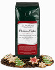1 lb Christmas Cookie coffee beans bag with coffee beans and Christmas cookies in front displayed on a white background