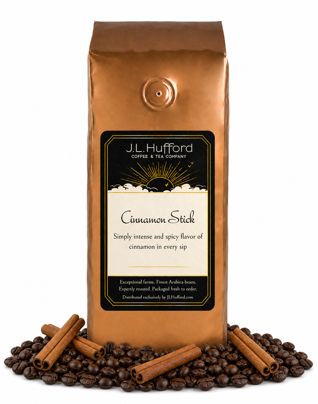 1 lb Cinnamon Stick coffee beans bag with coffee beans and cinnamon sticks in front displayed on a white background