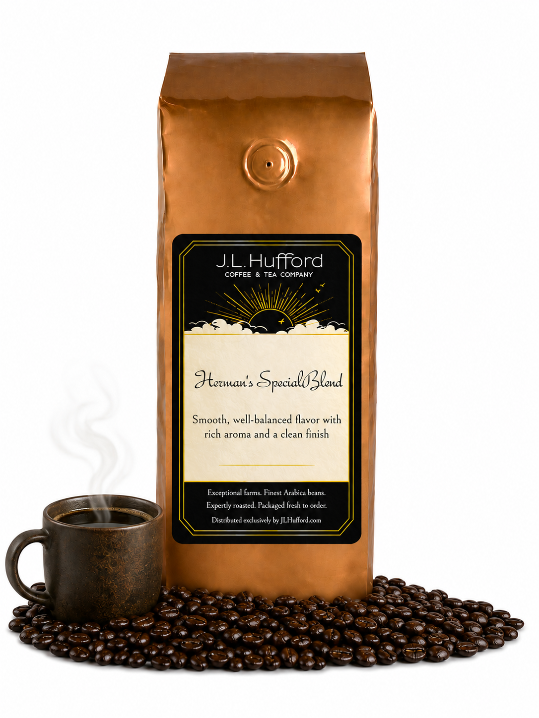 1 lb J.L. Hufford Herman's Special Blend coffee bag with coffee beans and mug of coffee on a white background