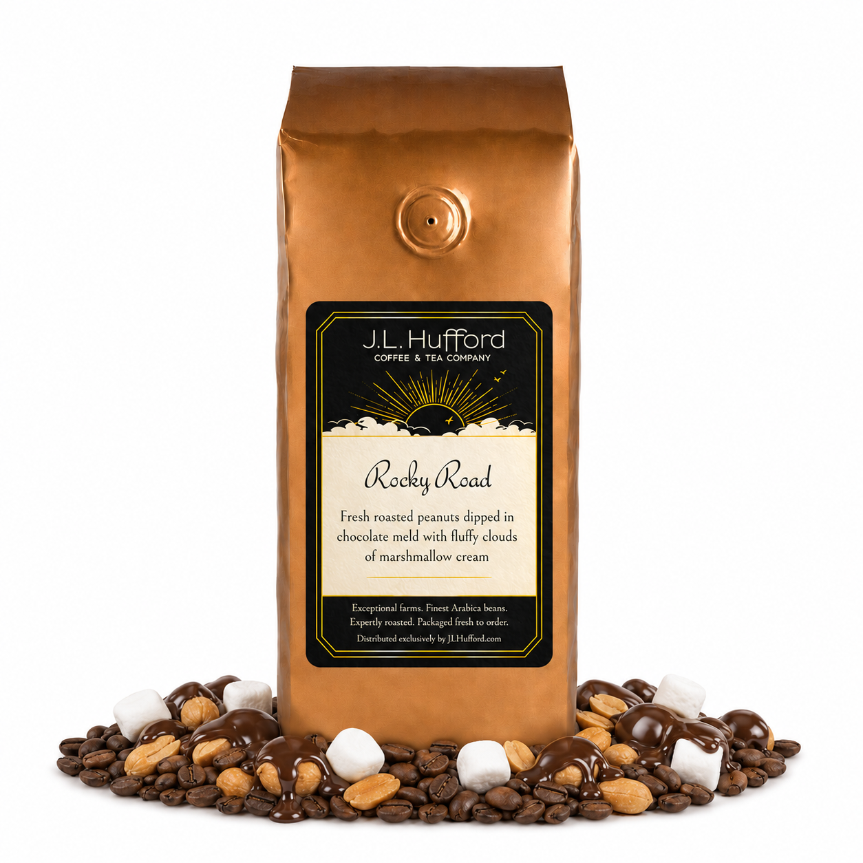 1 lb J.L. Hufford Rocky Road coffee bag with coffee beans, marshmallows, and peanuts covered in melted chocolate on a white background