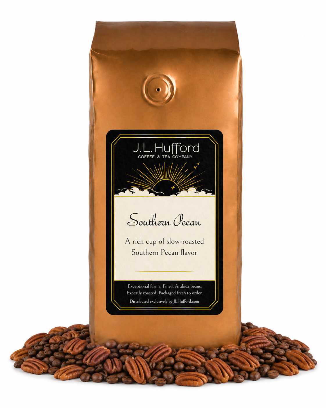 1 lb J.L. Hufford Southern Pecan coffee bag with coffee beans and pecans on a white background